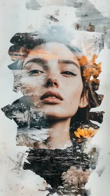 Dreamy portrait woven with landscapes and golden blooms.