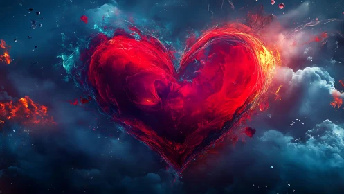Incandescent Heart Form Suspended in Dynamic Cosmic Nebula Field.