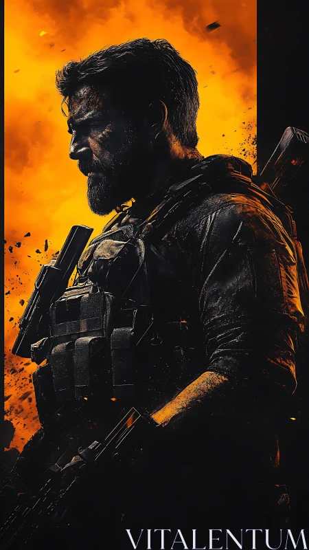 Brooding soldier framed by blazing orange battlefield glow.
