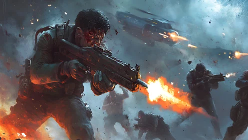 Futuristic infantry charge with blazing rifles amid chaos.