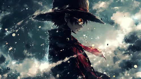 Storm-lit anime wanderer in red coat and wide hat silhouette.