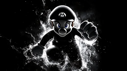 Monochrome cartoon hero charging through liquid energy field.