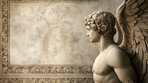 Classical winged statue profile against ornate stone wall.