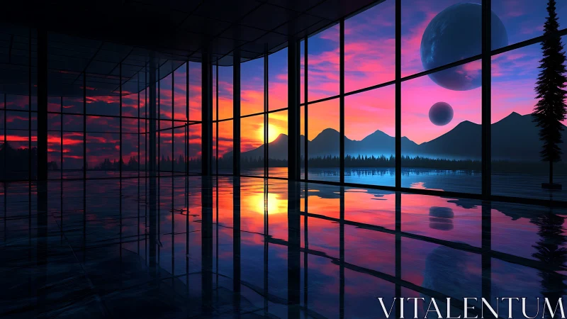 Panoramic glass interior reflects alien sunset with dual planets