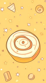Swirled cinnamon bun drifting through a whimsical snack sky.