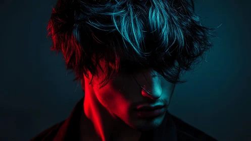 Neon-shadowed loner bathed in moody cyan and crimson light.