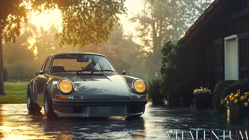 Wet-morning classic coupe under diffuse backlit foliage glow.