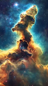 Stellar nebula spire ignites cosmic clouds in radiant color.