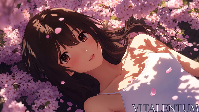 Anime girl beneath cherry blossoms in dappled spring light