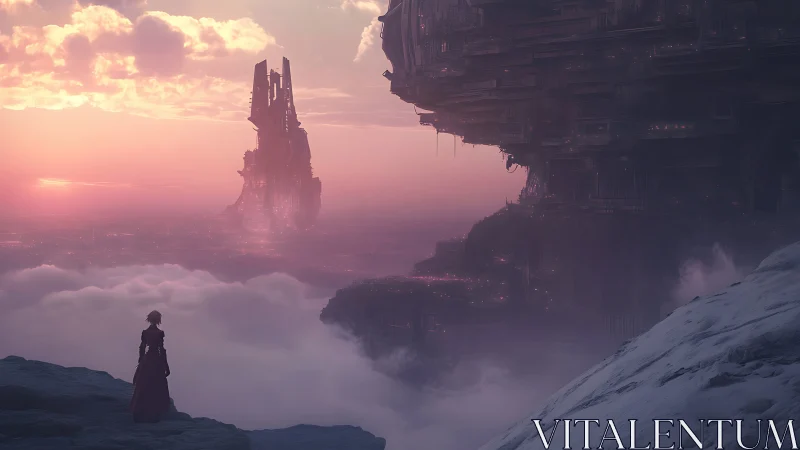 Solitary figure observing vast sci-fi structures at dusk.