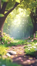 Sunlit Garden Path Through Ancient Trees.