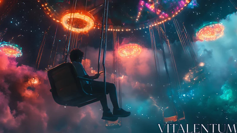 Child on cosmic swing ride amid glowing nebula clouds.