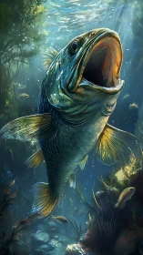 Largemouth bass surges upward through sunlit water column.