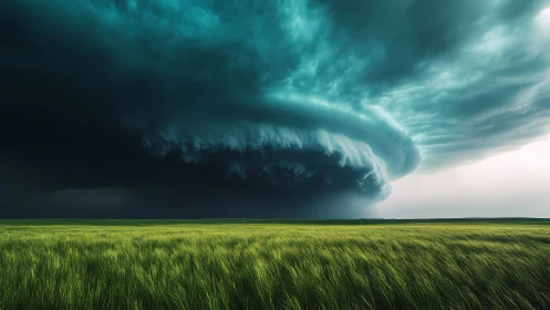 Emerald prairie trembling beneath a colossal teal storm spiral.