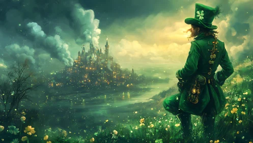 Cloaked leprechaun overlooking luminous emerald kingdom.