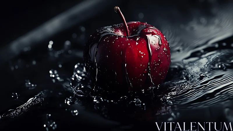 Red apple rests in dark liquid with reflective water droplets
