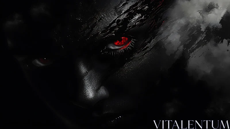 Digital painting of red-eyed shadow figure in stormed chiaroscuro.