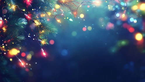 Festive conifer branches with multicolor bokeh lights glow softly