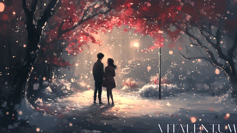 Romantic couple under lamplight in snowy red-leaf winter park
