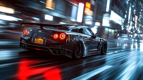 Black sports coupe on wet neon city street at night scene.