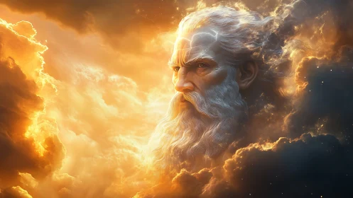Storm-woven elder stares through blazing clouds of myth