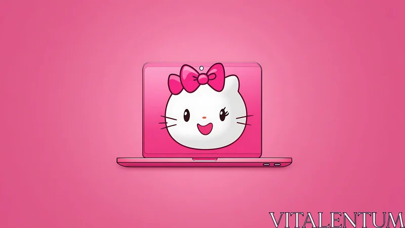 Pink cartoon cat laptop illustration on solid pink background.