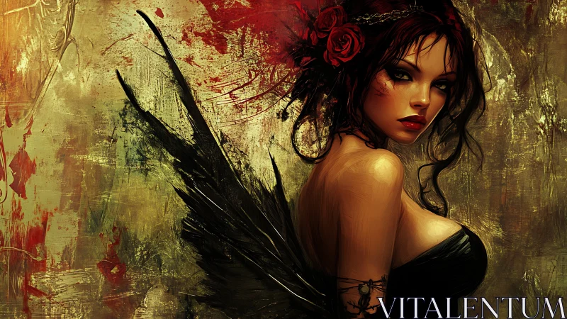 Digital painting of dark winged siren with crimson roses.