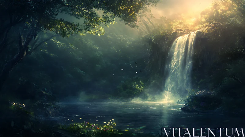 Digital painting of luminous forest waterfall and misted pool.