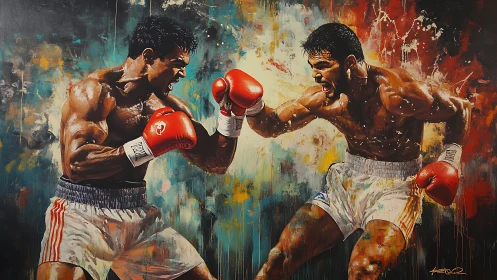 Two Boxers Engage in Dynamic Combat Within Expressive Abstract Gestural Composition