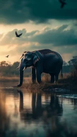 Elephant stands at water edge under cloudy dusk sky