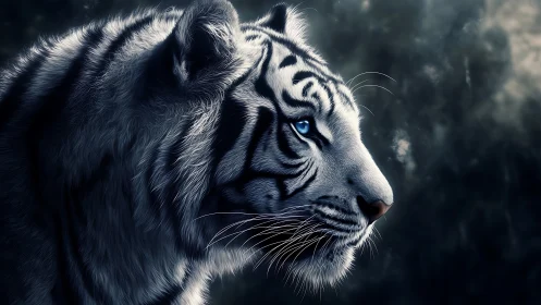 Lateral profile of blue-eyed white tiger, high-detail render.