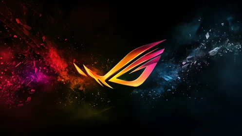 Abstract multicolor emblem on dark fractured background.