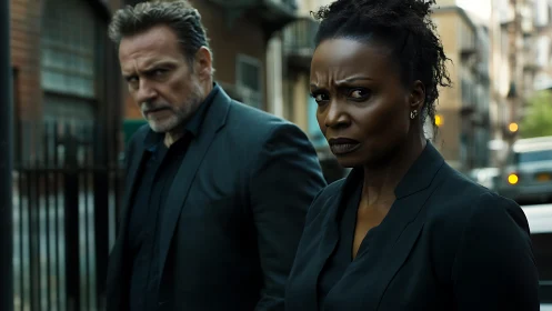 Two professionals in dark suits on urban street sidewalk.