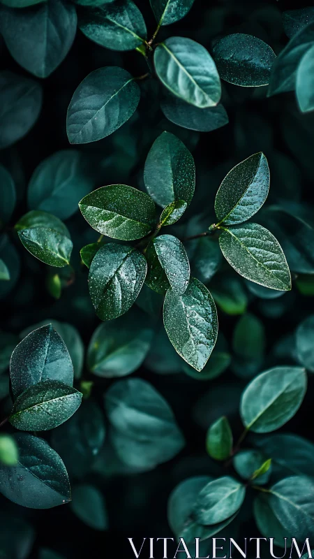 Dew-kissed green leaves glow softly against a deep shadowed backdrop