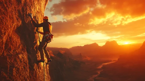 Rock climber ascends glowing cliff at fiery desert sunset
