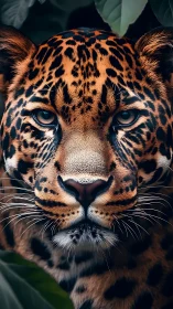 Leopard portrait captures intense gaze in lush jungle shade