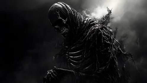 Hooded skeletal wraith emerges from swirling stormed darkness