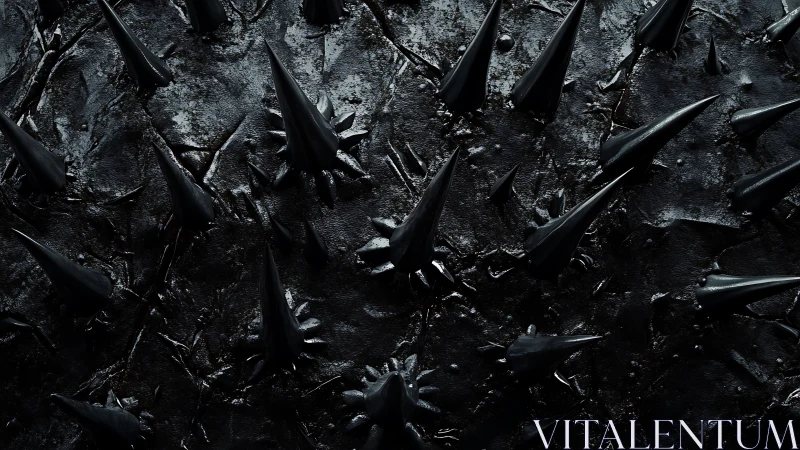 Dark glossy spikes rise from a moody abstract surface