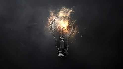 Exploding light bulb concept with fiery glowing core.