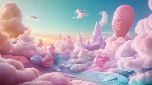 Dreamlike pastel cloudscape with crystalline fantasy forms.