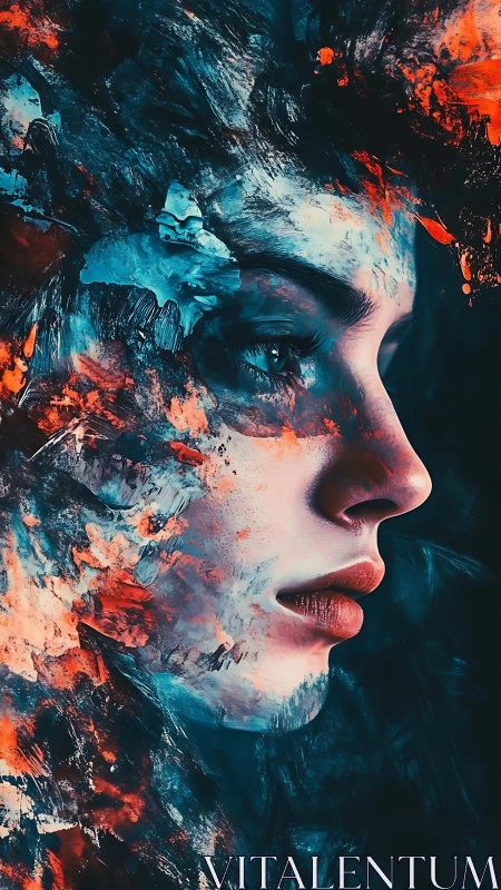 Vivid side profile portrait merged with abstract paint
