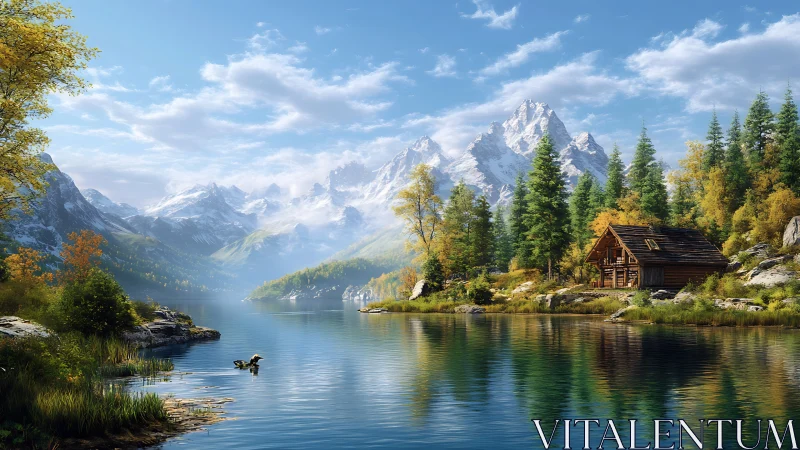 Sunny alpine lake cabin rests beneath towering snowy peaks