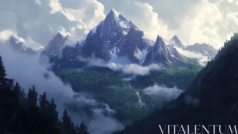 Atmospheric mountain valley with tiered waterfall and cloud strata