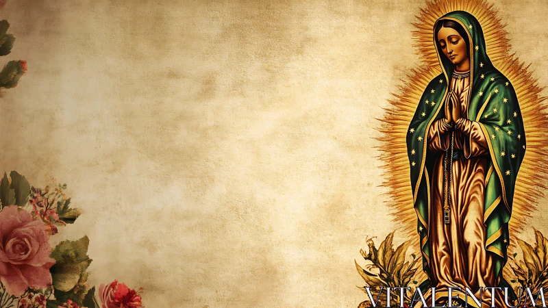 Religious icon in ornate mantle beside vintage roses background.