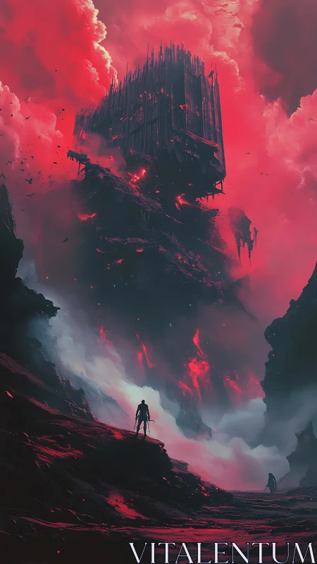 Crimson storm sky crowns a lone wanderer before dark tower