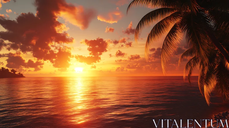 Tropical ocean sunset with glowing clouds and palms.