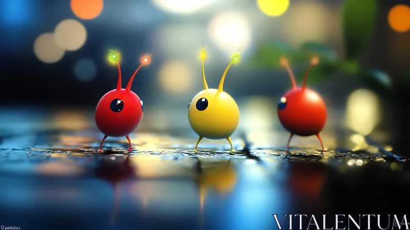 Bioluminescent orb-creatures on reflective micro-landscape.