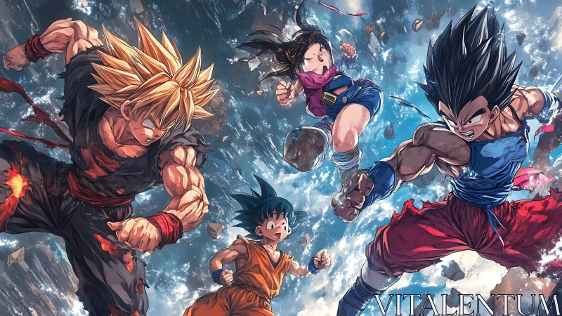 Four anime fighters charge toward each other in midair battle