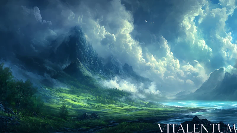 Storm-lit alpine valley under towering painted clouds.