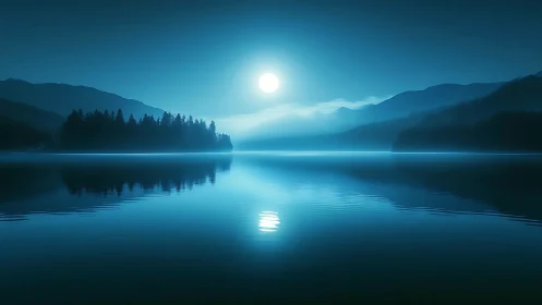 Moonlit lake drifts into calm silence beneath soft blue haze